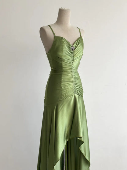Vintage Green Spaghetti Strap Bodycon Satin Hi-Lo Long Prom Dresses Formal Evening Gowns ED02680