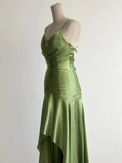 Vintage Green Spaghetti Strap Bodycon Satin Hi-Lo Long Prom Dresses Formal Evening Gowns ED02680