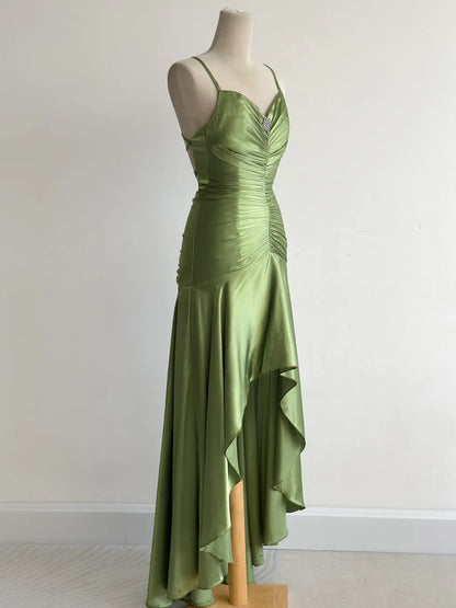 Vintage Green Spaghetti Strap Bodycon Satin Hi-Lo Long Prom Dresses Formal Evening Gowns ED02680