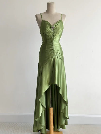 Vintage Green Spaghetti Strap Bodycon Satin Hi-Lo Long Prom Dresses Formal Evening Gowns ED02680