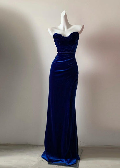 Elegant Navy Blue Strapless Mermaid Velvet Long Prom Dresses Formal Evening Gowns  ED02681