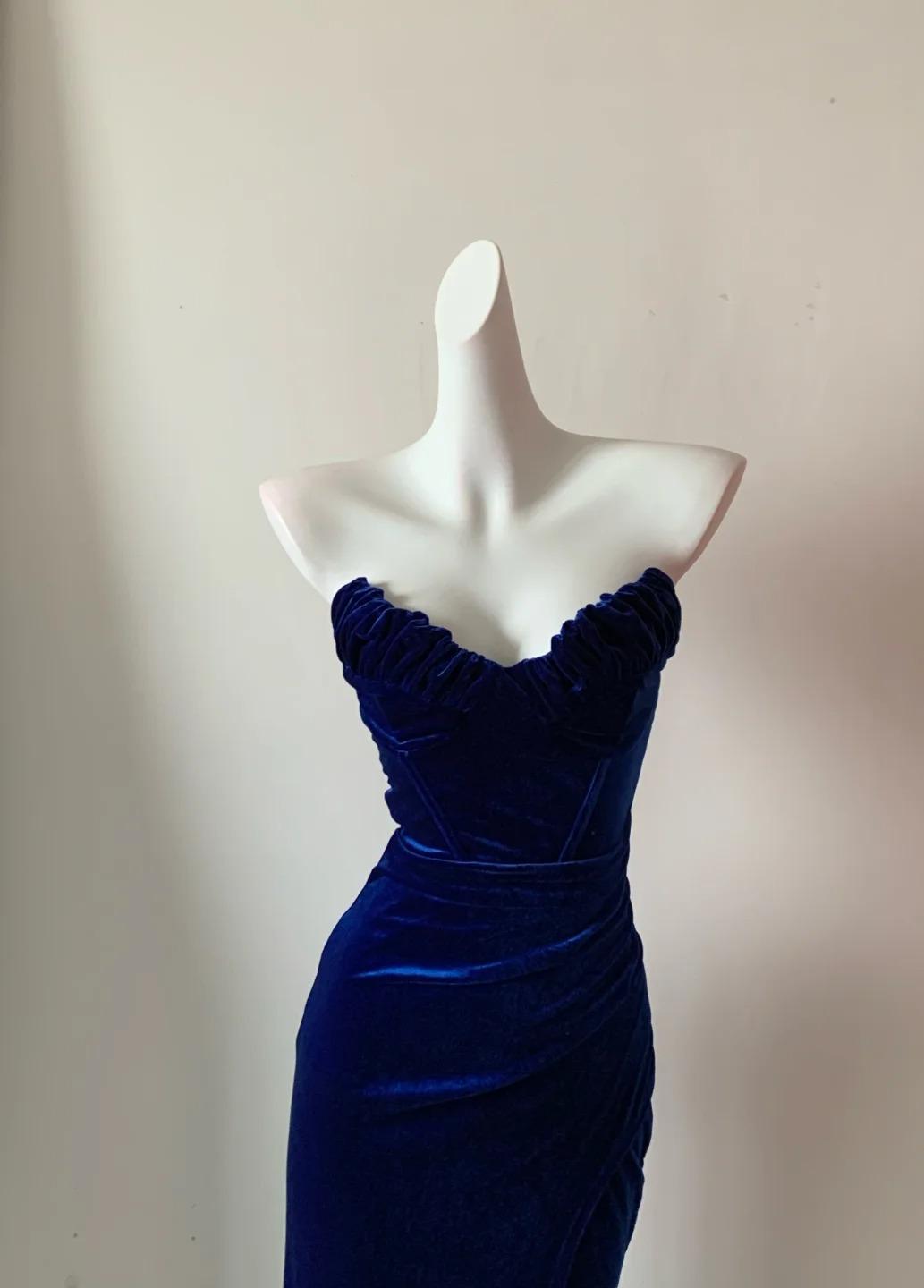 Elegant Navy Blue Strapless Mermaid Velvet Long Prom Dresses Formal Evening Gowns  ED02681