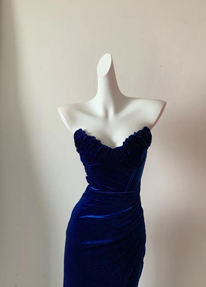 Elegant Navy Blue Strapless Mermaid Velvet Long Prom Dresses Formal Evening Gowns  ED02681