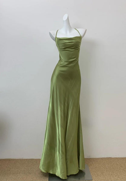 Glam Olive Green Spaghetti Straps Mermaid Satin Long Prom Dresses Formal Evening Gowns With Backless  ED02682