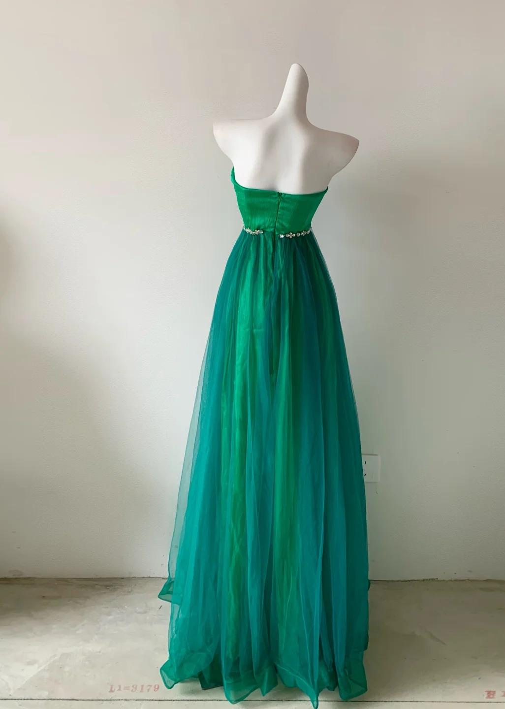 Fairy Green Strapless A-Line Chiffon Tulle Long Prom Dresses Formal Evening Gowns ED02683