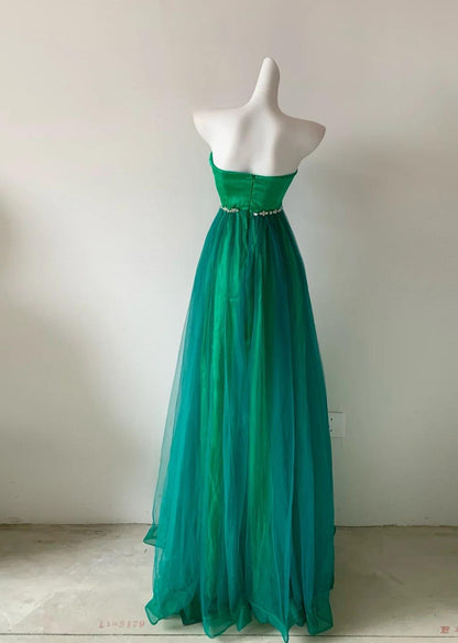 Fairy Green Strapless A-Line Chiffon Tulle Long Prom Dresses Formal Evening Gowns ED02683
