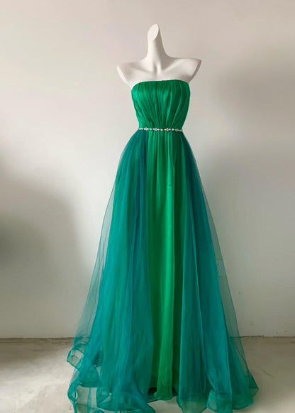 Fairy Green Strapless A-Line Chiffon Tulle Long Prom Dresses Formal Evening Gowns ED02683
