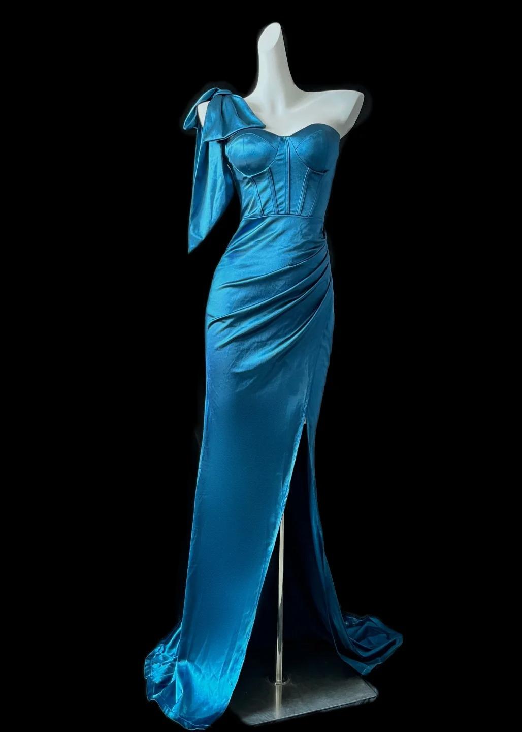 Stunning Blue One Shoulder Mermaid Satin Long Prom Dresses Formal Evening Gowns With Slits ED02684