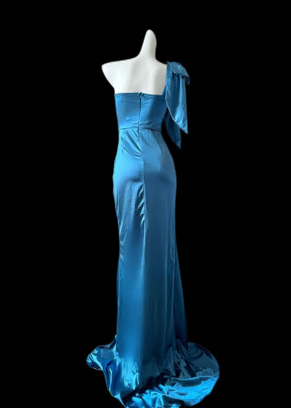 Stunning Blue One Shoulder Mermaid Satin Long Prom Dresses Formal Evening Gowns With Slits ED02684