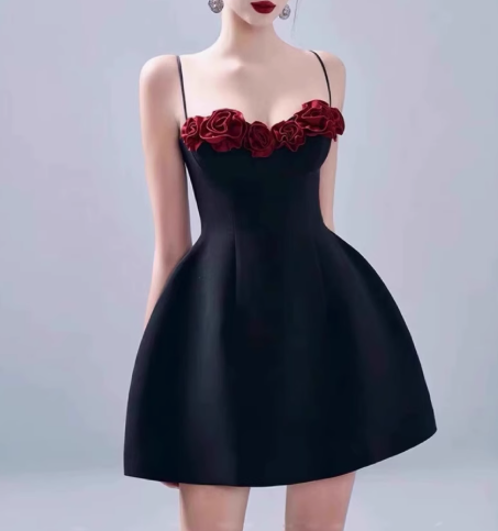 Glam Spaghetti Straps A-Line Satin Prom Dresses Short Party Dress with Applique  ED02687