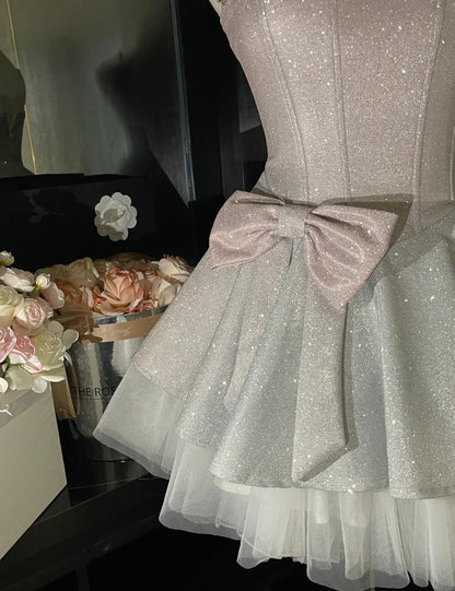 Sweet Pink Spaghetti Straps A-Line Glitter Satin Tulle Short Prom Dresses Homecoming Dress With Bow ED02691