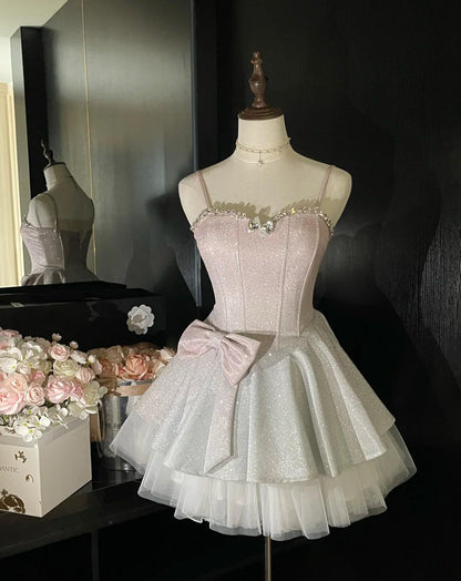Sweet Pink Spaghetti Straps A-Line Glitter Satin Tulle Short Prom Dresses Homecoming Dress With Bow ED02691
