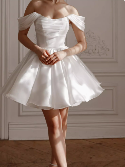 Elegant White Off-Shoulder A-Line Satin Short Party Dresses Homecoming Dress ED02693
