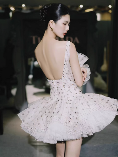 Stunning White Tulle A-Line Square Neck Polka Dot Short Prom Dresses Elegant Party Dresses ED02694