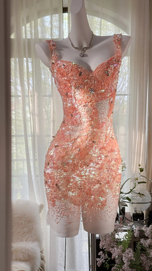 Gorgeous Orange Pink V-Neck A-Line Beaded Short Prom Dresses ED02695