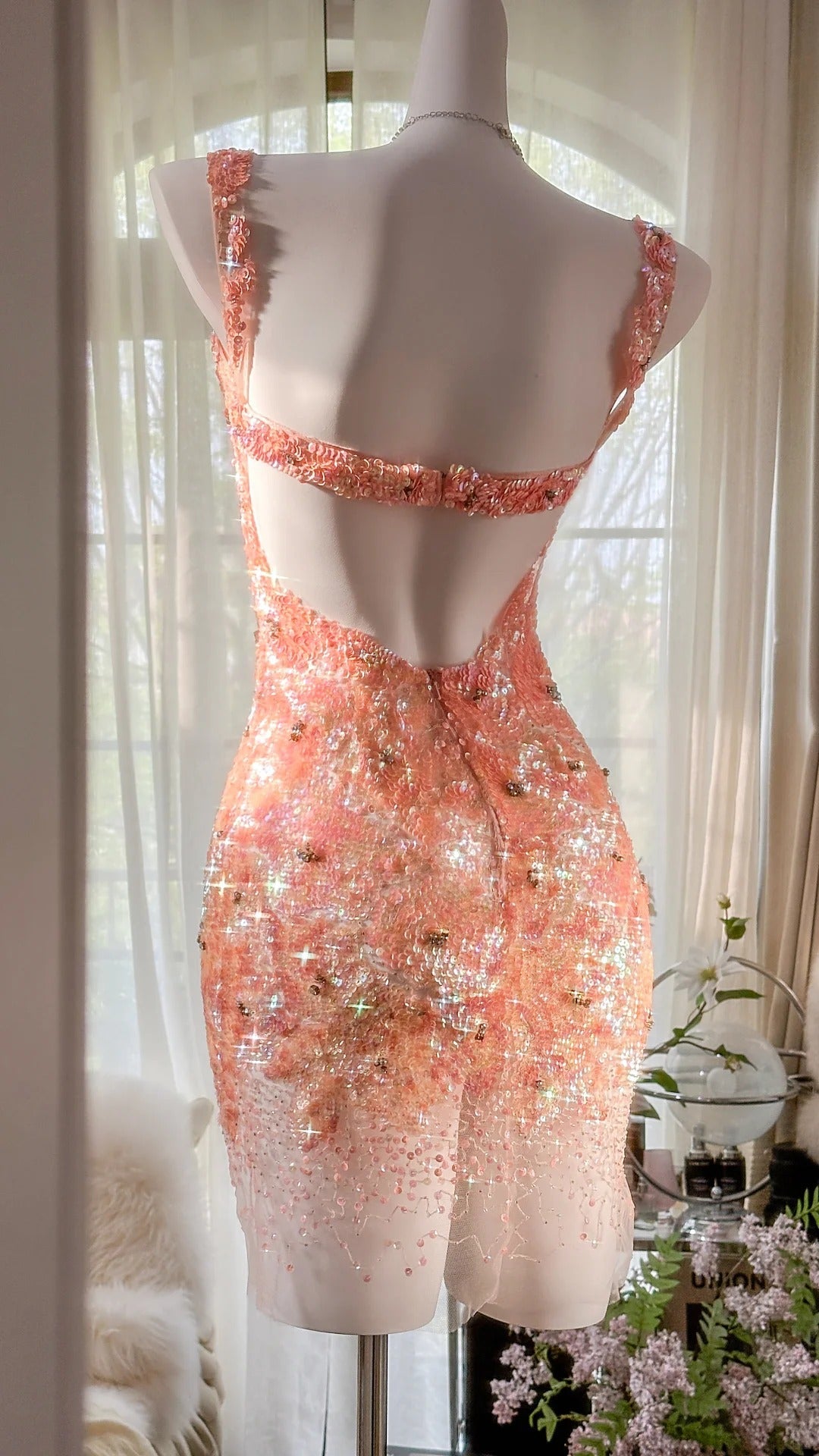 Gorgeous Orange Pink V-Neck A-Line Beaded Short Prom Dresses ED02695