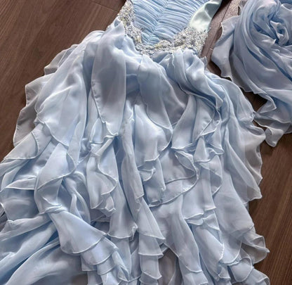 Sweet Light Blue Strapless A-Line Chiffon Long Prom Dresses Elegant Formal Evening Gowns ED02697