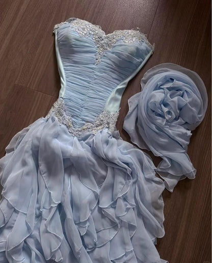 Sweet Light Blue Strapless A-Line Chiffon Long Prom Dresses Elegant Formal Evening Gowns ED02697