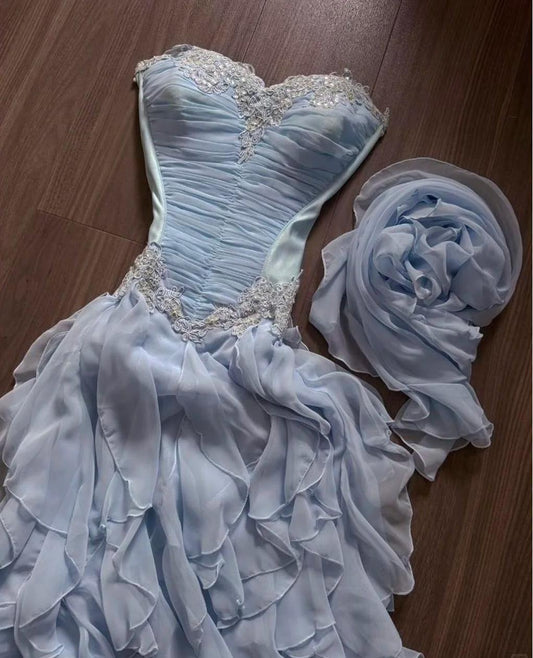 Sweet Light Blue Strapless A-Line Chiffon Long Prom Dresses Elegant Formal Evening Gowns ED02697