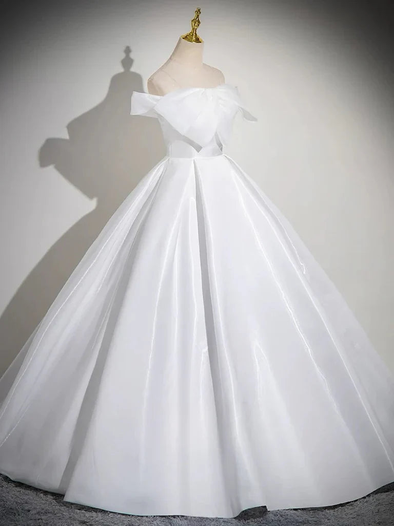 A-Line White Satin Long Prom Dress, White Long Formal Dress ED027