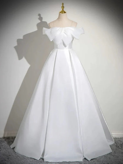 A-Line White Satin Long Prom Dress, White Long Formal Dress ED027