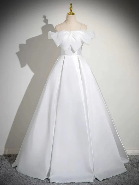 A-Line White Satin Long Prom Dress, White Long Formal Dress ED027