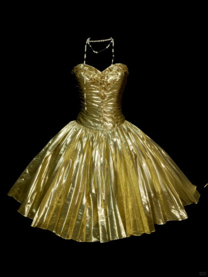 Glitter Gold Sweetheart Neck A-Line Homecoming Dress Satin Beaded Short Prom Dresses ED02700
