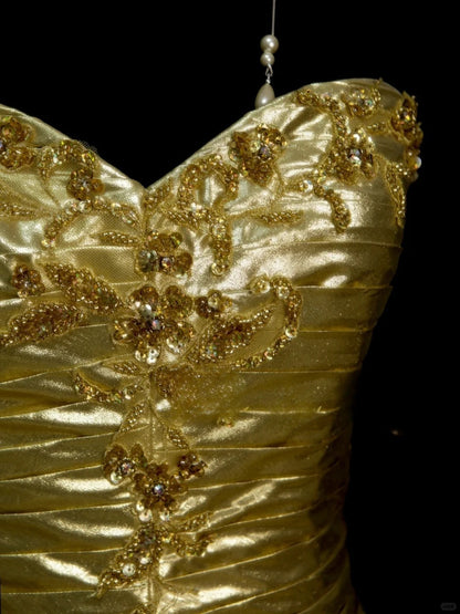Glitter Gold Sweetheart Neck A-Line Homecoming Dress Satin Beaded Short Prom Dresses ED02700
