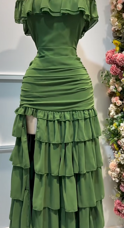 Stunning Forest Green Off-the-shoulder Bodycon Chiffon Tiered Long Party Dresses Evening Gowns with Slits ED02701
