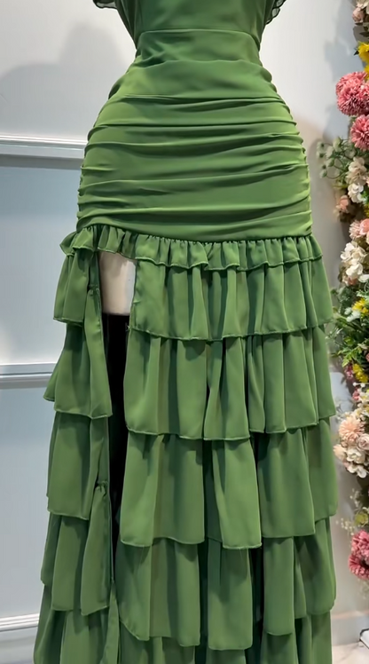 Stunning Forest Green Off-the-shoulder Bodycon Chiffon Tiered Long Party Dresses Evening Gowns with Slits ED02701