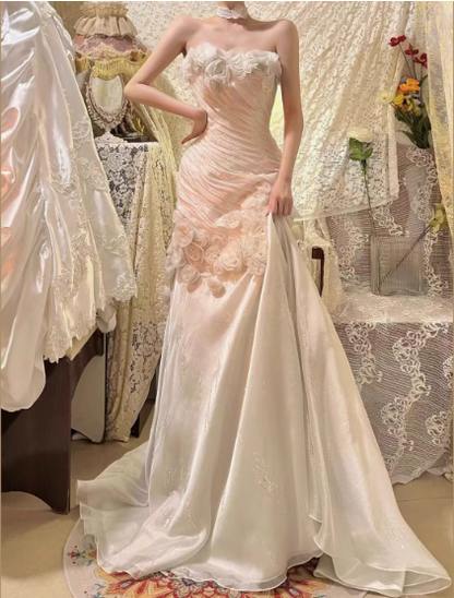 Gorgeous White Strapless Mermaid Tulle Applique Long Prom Dresses Formal Evening Gowns ED02702