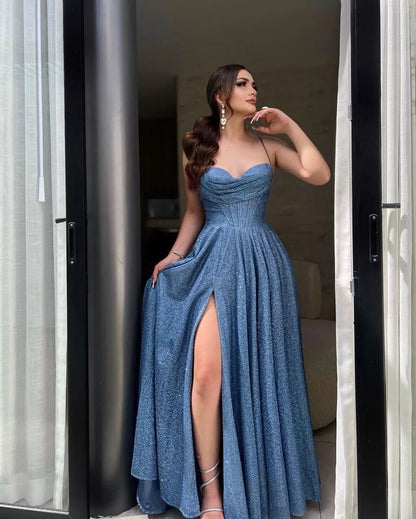 Elegant Navy Blue Sweetheart Neck A-Line Glitter Sequins Long Prom Dresses Evening Gowns with Open Back ED02703