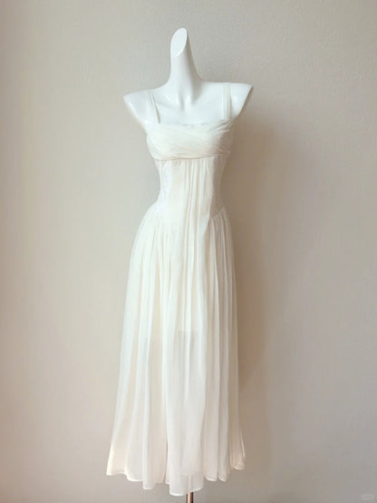 Gentle White Spaghetti Straps A-Line Chiffon Long Prom Dresses Sweet  Evening GownsED02704