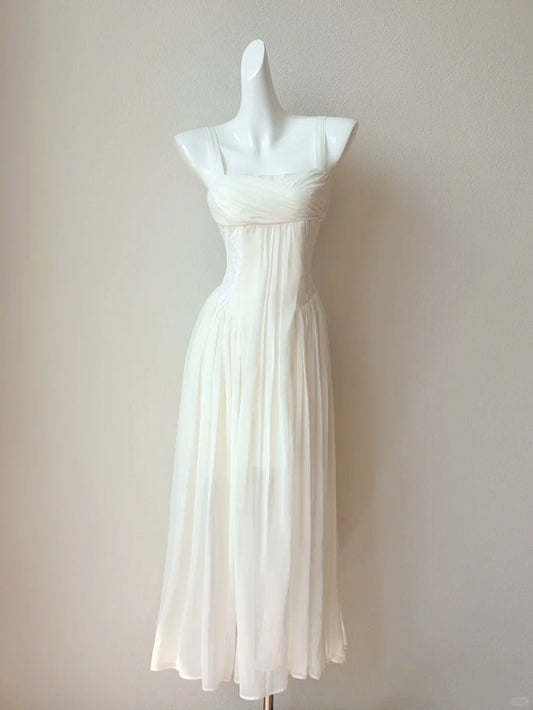 Gentle White Spaghetti Straps A-Line Chiffon Long Prom Dresses Sweet  Evening GownsED02704