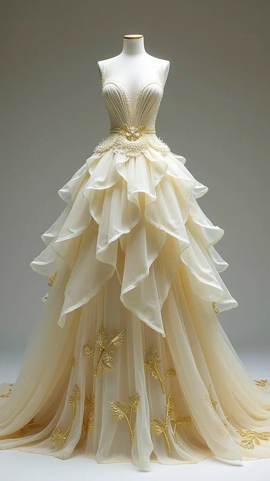 Gorgeous Apricot Deep V Neck A-Line Layered Tulle Long Prom Dresses Formal Evening Gowns ED02705