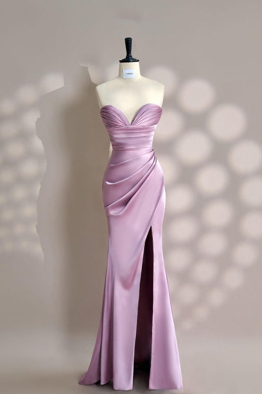 Elegant Pink Sweetheart Neck Mermaid Satin Long Prom Dresses Formal Evening Gowns with Slits ED02707