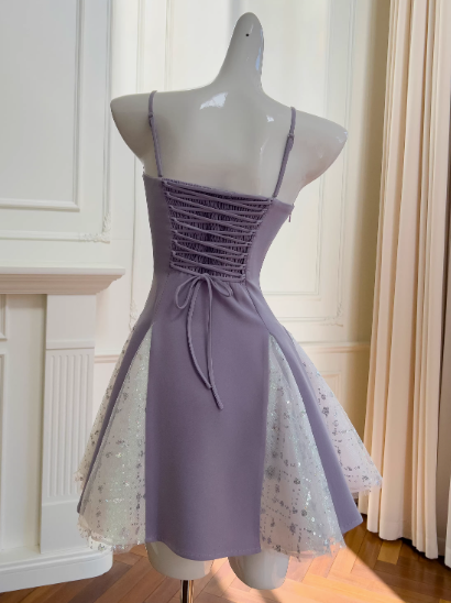 Gorgeous Lavender Spaghetti Straps A-Line Satin Short Prom Dresses Glitter Tulle Homecoming Dresses with Bows ED02709