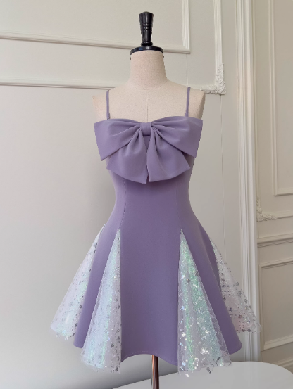 Gorgeous Lavender Spaghetti Straps A-Line Satin Short Prom Dresses Glitter Tulle Homecoming Dresses with Bows ED02709