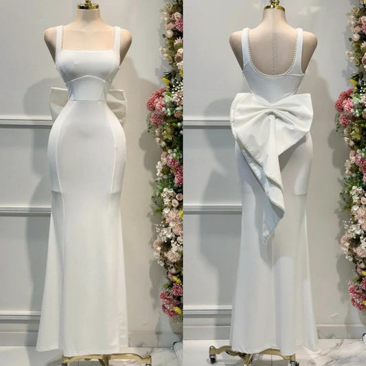 Elegant White Square Neck Mermaid Satin Prom Dresses Formal Evening Gowns with Bow ED02710
