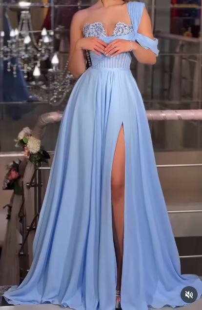 Glam Blue One Shoulder A-Line Chiffon Long Prom Dresses Formal Evening Gowns with Slits ED02711