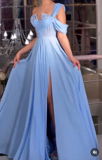 Glam Blue One Shoulder A-Line Chiffon Long Prom Dresses Formal Evening Gowns with Slits ED02711