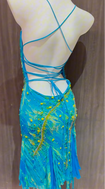 Elegant Spaghetti Straps Blue Sheath Chiffon Backless Prom Dresses Vintage Evening Gowns with Beading ED02714