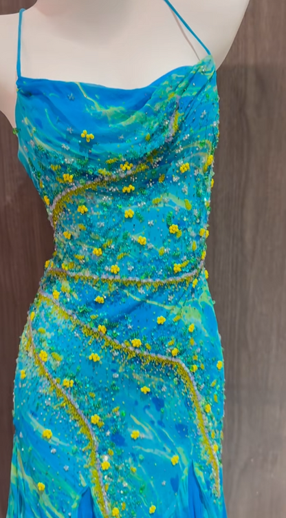 Elegant Spaghetti Straps Blue Sheath Chiffon Backless Prom Dresses Vintage Evening Gowns with Beading ED02714