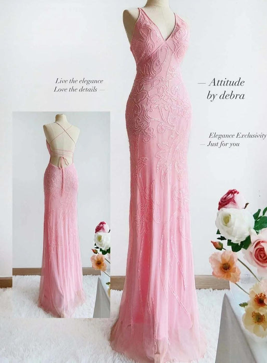 Elegant Pink V Neck Mermaid Chiffon Beading Long Prom Dresses Vintage Formal Evening Gowns ED02716
