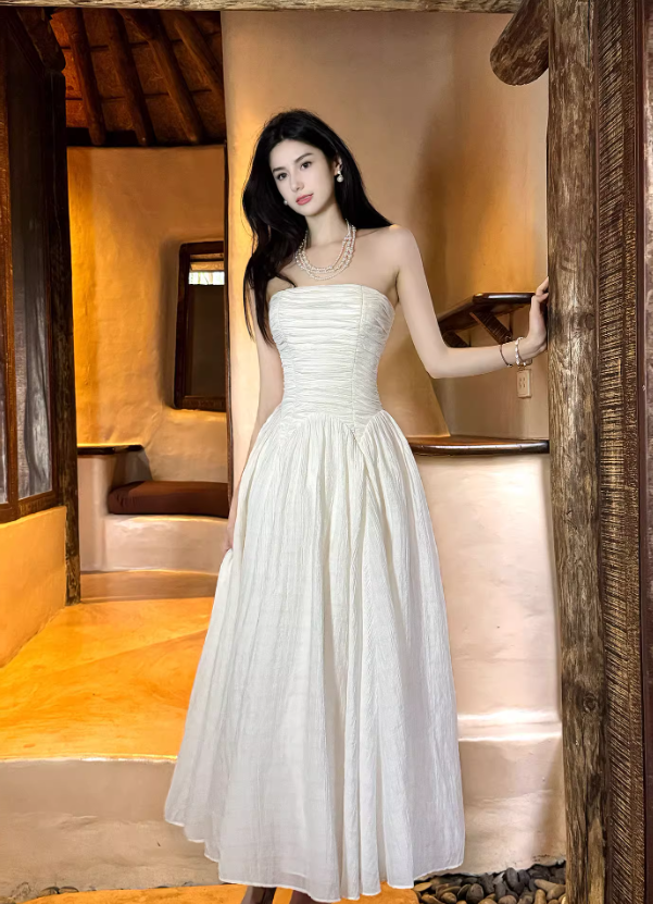 Sweet White Strapless A-Line Chiffon Long Prom Dresses Birthday Evening Gowns ED02717