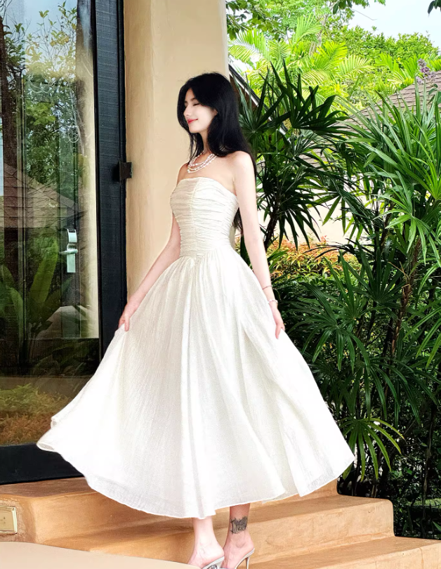 Sweet White Strapless A-Line Chiffon Long Prom Dresses Birthday Evening Gowns ED02717