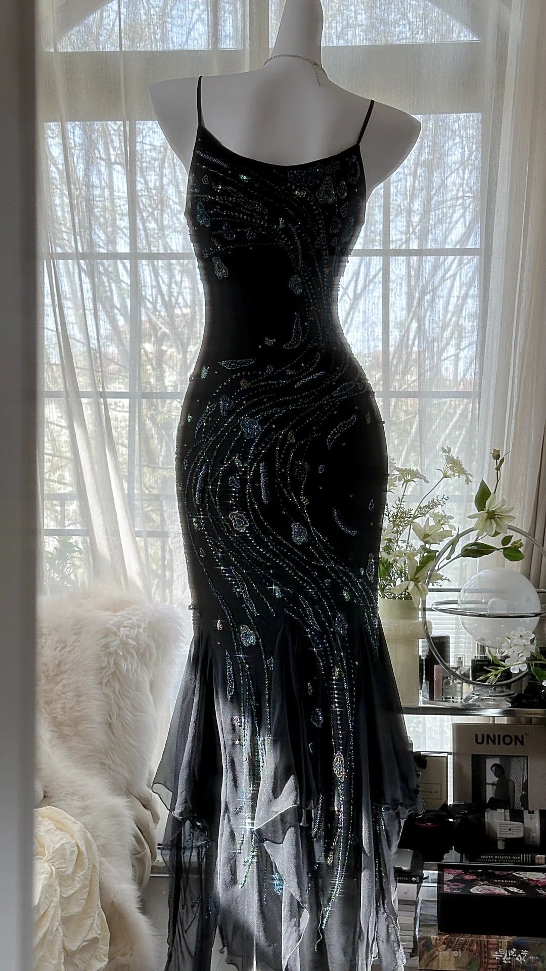 Vintage Black Spaghetti Straps Mermaid Chiffon Beading Prom Dresses Formal Evening Gowns ED02720
