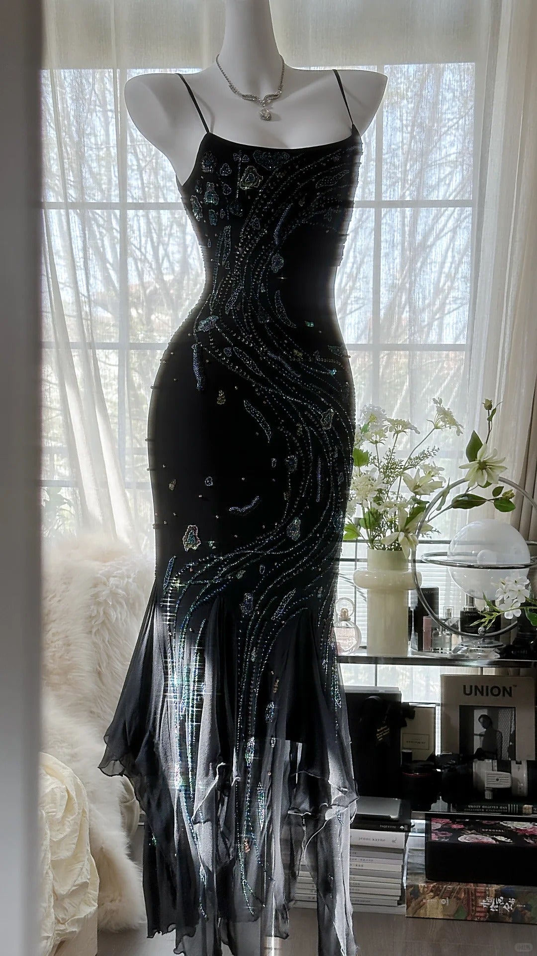 Vintage Black Spaghetti Straps Mermaid Chiffon Beading Prom Dresses Formal Evening Gowns ED02720