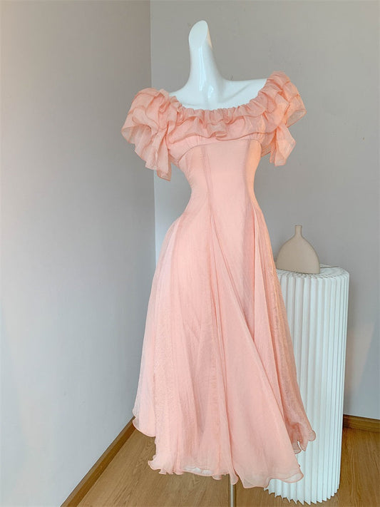 Chic Orange Pink Off-Shoulder A-Line Chiffon Party Dresses ED02724