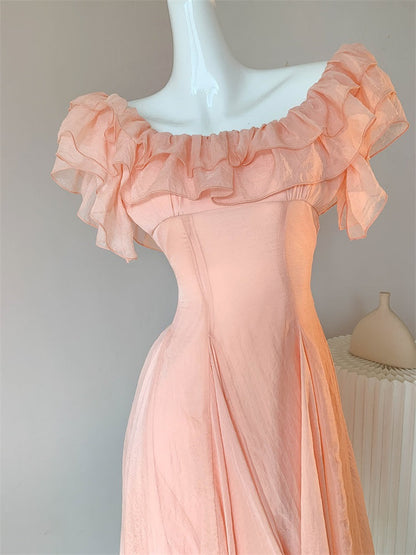 Chic Orange Pink Off-Shoulder A-Line Chiffon Party Dresses ED02724